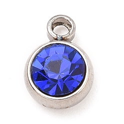 Sapphire 304 Stainless Steel Charms, with Acrylic Rhinestone, Birthstone Charms, Faceted, Flat Round, Stainless Steel Color, Sapphire, 8.2x6x3.5mm, Hole: 1.2mm