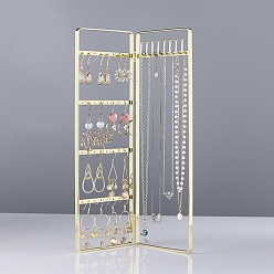 Golden Foldable Iron Screen Earring Stands, 2 Panel Jewelry Organizer Rack for Earrings Necklaces Storage, Rectangle, Golden, 18x28x0.8cm