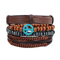 Coconut Brown Multi-strand Bracelets, Stackable Bracelets, with Imitation Leather, Waxed Cotton Cord, Wooden Bead and Hemp Rope, Peace Sign, Coconut Brown, 60mm(2-3/8 inch), 4strands/set