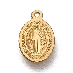Golden Ion Plating(IP) 304 Stainless Steel Charms, Laser Cut, Oval, Saint Benedict Medal, Golden, 14.5x9x0.5mm, Hole: 1.2mm