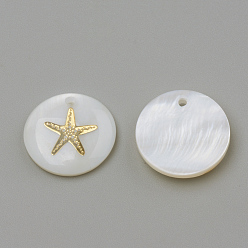 Doré  Pendentifs de coquillages d'eau douce, plat rond et étoile de mer / étoiles de mer, or, 16x3.5~4mm, Trou: 1.2mm