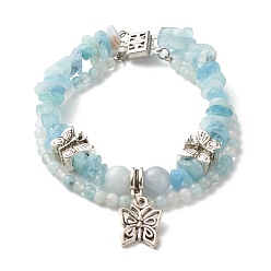 Aquamarine Natural Aquamarine Chip Beads Multi-strand Bracelet, Butterfly Charm Double Layered Bracelet for Teen Girl Women, Antique Silver, 7-5/8 inch(19.5cm)