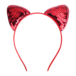 Roja Orejas de gato con diademas de tela de lentejuelas reversibles, accesorios para el cabello para niñas, rojo, 150x188x9 mm