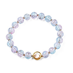 Azul Cielo Pulsera elástica redonda con cuentas de cristal y anillo de latón chapado en oro para mujer., luz azul cielo, diámetro interior: 2 pulgada (5 cm)