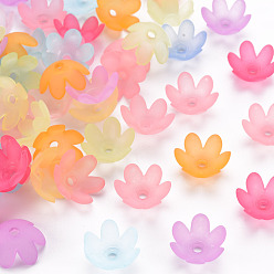 Mixed Color Frosted Acrylic Bead Caps, 6-Petal, Flower, Mixed Color, 14x6mm, Hole: 2mm, about 1660pcs/500g