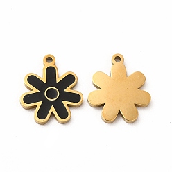 Black Ion Plating(IP) 304 Stainless Steel Charms, with Enamel, Flower, Black, 14x12x1mm, Hole: 1.2mm