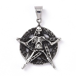 Antique Silver Flat Round with Skull 304 Stainless Steel Pendants, Antique Silver, 43.5x38x5mm, Hole: 6.5x10mm