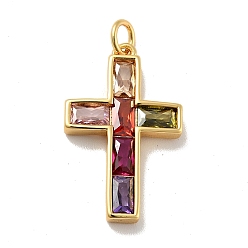Real 18K Gold Plated Cross Brass Micro Pave Colorful Cubic Zirconia Pendants, with Jump Rings, Cadmium Free & Nickel Free & Lead Free, Real 18K Gold Plated, 24.5x15x3mm, Hole: 3.4mm