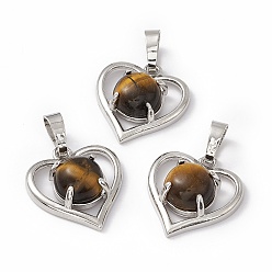 Tiger Eye Natural Tiger Eye Pendants, Heart Charms, with Platinum Tone Brass Findings, Cadmium Free & Nickel Free & Lead Free, 21.5x19.5x7.5~8mm, Hole: 7.5x5mm