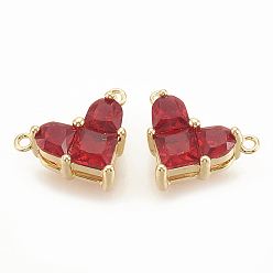Red Brass Cubic Zirconia Charms, Nickel Free, Real 18K Gold Plated, Heart, Red, 9.5x12x4.5mm, Hole: 1mm