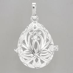 Silver Rack Plating Brass Cage Pendants, For Chime Ball Pendant Necklaces Making, Hollow Teardrop with Flower, Silver, 34x27x22mm, Hole: 3mm, inner measure: 24x18mm