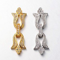 Mixed Color Flower Brass Micro Pave Cubic Zirconia Fold Over Clasps, Lead Free & Nickel Free, Mixed Color, 39x13x5mm, Hole: 2x1mm