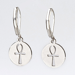 Platinum & Stainless Steel Color 304 Stainless Steel Dangle Earrings, with Brass Leverback Earring Findings, Flat Round with Ankh Cross, Platinum & Stainless Steel Color, 29mm, Pin: 0.5mm, Charm: 14x12x1mm