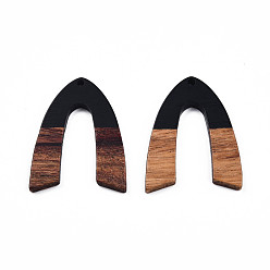 Black Opaque Resin & Walnut Wood Pendants, V Shape Charm, Black, 38x29x3mm, Hole: 2mm