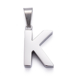 Letter K 304 colgantes de letras de acero inoxidable, pulido manual, alfabeto, color acero inoxidable, letter.k, 18.5x12.5x4 mm, agujero: 6.5x3.5 mm