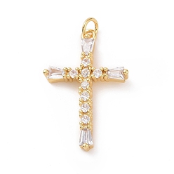 Golden Brass Micro Pave Cubic Zirconia Pendants, with Jump Ring, Religion Cross Charm, Golden, 29.5x18.5x3.5mm, Hole: 3mm