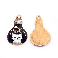 Черный Подвески из сплава с эмалью в японском стиле, лампочка с кошкой, без кадмия и без свинца, чёрные, 28x16.5x2 мм, отверстие : 2 мм