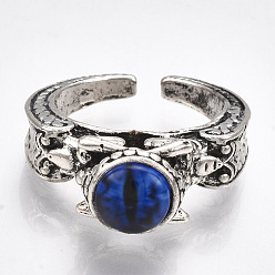 Blue Alloy Cuff Finger Rings, with Glass, Wide Band Rings, Dragon Eye, Antique Silver, Blue, US Size 8 1/2(18.5mm)