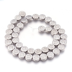 Platinum Plated Electroplate Non-magnetic Synthetic Hematite Bead Strands, Frosted, Flat Round with Leaf, Platinum Plated, 9.5~10.5x4mm, Hole: 1mm, about 41pcs/strand, 15.9 inch(40.5cm)
