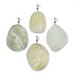New Jade Natural New Jade Pendants, with Platinum Tone Brass Edge and Iron Snap on Bails, Nuggets, 36~65x23~43x5~13mm, Hole: 5x9mm