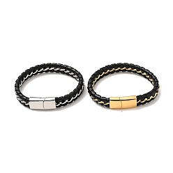 Mixed Color Leather & 304 Stainless Steel Braided Cord Bracelet with Magnetic Clasp for Men Women, Mixed Color, 8-7/8 inch(22.6cm)