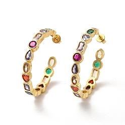 Colorful Cubic Zirconia Geometry Stud Earring, Real 18K Gold Plated Brass Half Hoop Earrings for Women, Colorful, 33.5x35x5mm, Pin: 0.6mm