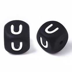 Letter U Food Grade Eco-Friendly Silicone Beads, Horizontal Hole, Chewing Beads For Teethers, DIY Nursing Necklaces Making, Cube, Black, Letter.U, 12x12x12mm, Hole: 2mm