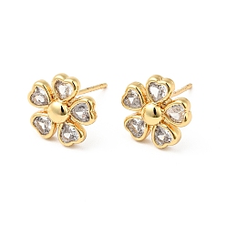 Clear Rack Plating Brass Cubic Zirconia Stud Earrings for Women, Cadmium Free & Lead Free, Heart Flower, Real 18K Gold Plated, Clear, 10.5x11mm, Pin: 0.7mm