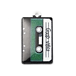 Vert Mer Pendentifs en alliage imprimés, cassette avec mot bonnes vibrations, platine, vert de mer, 25.5x14.5x2.5mm, Trou: 1.6mm