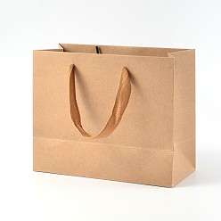 Цвет Древесины Прямоугольные крафт-бумажные мешки, подарочные пакеты, сумки для покупок, коричневый бумажный пакет, с ручками из нейлонового шнура, деревесиные, 22x18x10 см