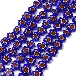 Azul Oscuro Hilos de perlas de vidrio millefiori artesanal, flor, azul oscuro, 10~12x2.6 mm, agujero: 1 mm, sobre 42 unidades / cadena, 15.75'' (40 cm)