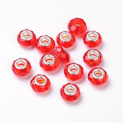 Red Glass European Beads, Large Hole Beads, Red, Brass Core in Silver Color, about 14mm wide, 9mm long, hole: 5mm