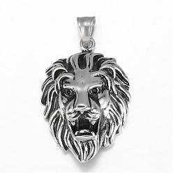 Antique Silver 316 Surgical Stainless Steel Pendants, Lion Head, Antique Silver, 44x29x17mm, Hole: 5x8mm