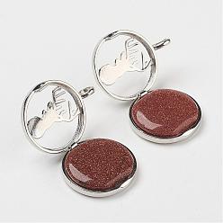 Goldstone Synthetic Goldstone Pendants, with Brass Diffuser Locket Finding, Flat Round with Christmas Reindeer/Stag, 31x26x8mm, Hole: 4mm