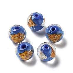 Bleu Royal Handmade lampwork perle, une feuille d'or, ronde, bleu royal, 11.5~12x11~11.5mm, Trou: 1.8~2mm