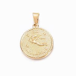 Aquarius Real 18K Gold Plated 304 Stainless Steel Pendants, Flat Round with Twelve Constellation/Zodiac Sign, Aquarius, 29x25x3.2mm, Hole: 9x4.5mm