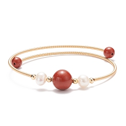 Jaspe Rouge Jonc perlé rond jaspe rouge naturel et perle, bracelet torque en laiton pour femme, or, diamètre intérieur: 2-1/4 pouce (5.6 cm)