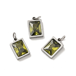 Olive Drab 304 Stainless Steel Pendants, with Cubic Zirconia and Jump Rings, Single Stone Charms, Rectangle, Stainless Steel Color, Olive Drab, 11.5x8x3.5mm, Hole: 3.6mm