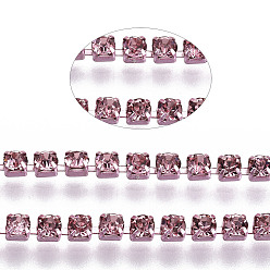 Rosa Claro Cadenas de strass de diamantes de imitación de hierro de electroforesis, cadenas de la taza del Rhinestone, con carrete, rosa luz, ss 6.5, 2~2.1 mm, sobre 10 yardas / rodillo