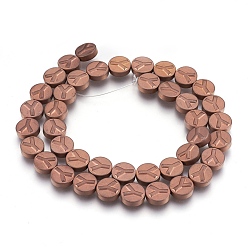 Copper Plated Non-magnetic Synthetic Hematite Bead Strands, Frosted, Flat Round with Letter.Y, Copper Plated, 10x4mm, Hole: 1mm, about 40pcs/strand, 15.7 inch(40cm)