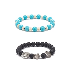 Lave 2pcs 2 style pierre de lave naturelle et turquoise synthétique ensemble de bracelets extensibles à perles rondes, bracelets en alliage de coquillages et d'étoiles de mer pour femmes, diamètre intérieur: 2-1/8 pouce (5.3~5.35 cm), 1 pc / style