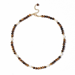 Tiger Eye Natural Tiger Eye & Natural Pearl & Glass Beaded Necklace with 304 Stainless Steel Clasp for Women, 18.11 inch(46cm)