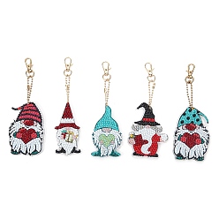 Gnome Christmas Theme DIY Diamond Painting Keychain Kit, Including Acrylic Board, Keychain Clasp, Bead Chain, Resin Rhinestones Bag, Diamond Sticky Pen, Tray Plate and Glue Clay, Gnome, 150x80mm, 5pcs/set