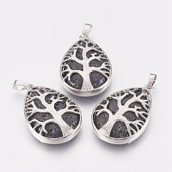 Lava Rock Natural Lava Rock Pendant, with Brass Findings, Teardrop with Tree of Life, Platinum, 39x26x7mm, Hole: 5x8mm