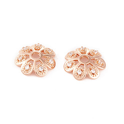 Rose Gold Brass Micro Pave Clear Cubic Zirconia Bead Caps, Cadmium Free & Lead Free, Multi-Petal, Flower, Rose Gold, 12x3mm, Hole: 2mm
