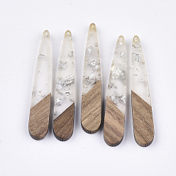 Silver Resin & Walnut Wood Pendants, with Silver Foil, Teardrop, Silver, 44x7.5x3mm, Hole: 1.2mm