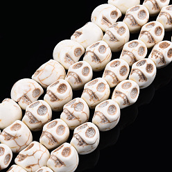 Blanco Abalorios de piedras preciosas, turquesa sintética, cráneo, para halloween, blanco, 13x12x13 mm, agujero: 2 mm, sobre 26 unidades / hebra.