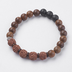 Mixed Stone Natural Lava Rock Beads Stretch Bracelets, with Wenge Wood Beads, Rudraksha, Coconut and Alloy Finding, 2 inch(50~52mm)