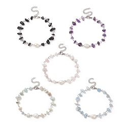 Mixed Stone Natural Gemstone Beaded Anklets, with 304 Stainless Steel Findings and Natural Cultured Freshwater Pearl, 8-1/2 inch(21.7cm)