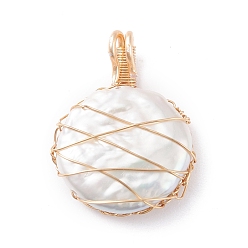 Seashell Color Natural Baroque Pearl Keshi Pearl Pendants, with Real 18K Gold Plated Eco-Friendly Copper Wire, Flat Round, Seashell Color, 26.5~30.5x17~18x6~8mm, Hole: 4~5x3~4mm
